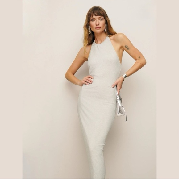 Reformation Selene Knit Dress in Silver Sparklr L Halter Neck Open Back NWT - Picture 2 of 12